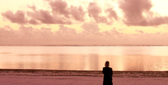 Eine Person steht am Meer und blickt auf den warm beleuchteten Horizont.